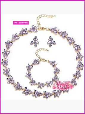 Crystal Cluster Leaf Choker Necklace Earring Bracelet Set Bridal Jewelry